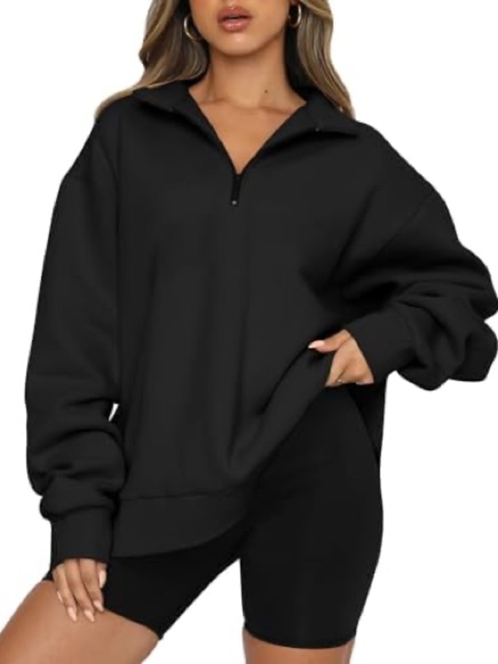 New Amazon Black Cotton Blend Oversized Quarter Zip Pullover Size Small